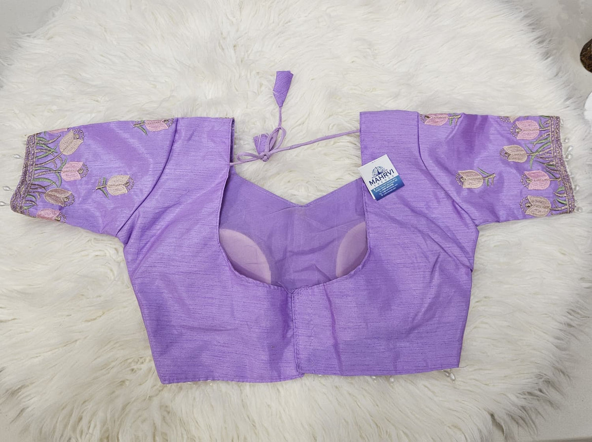 Lavender Embroidered Designer Blouse with Floral Organza Saree – Elegant Party Wear Saree Set