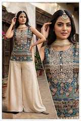 Teal Blue Floral Embroidered Palazzo Suit Set with Cream Dupatta