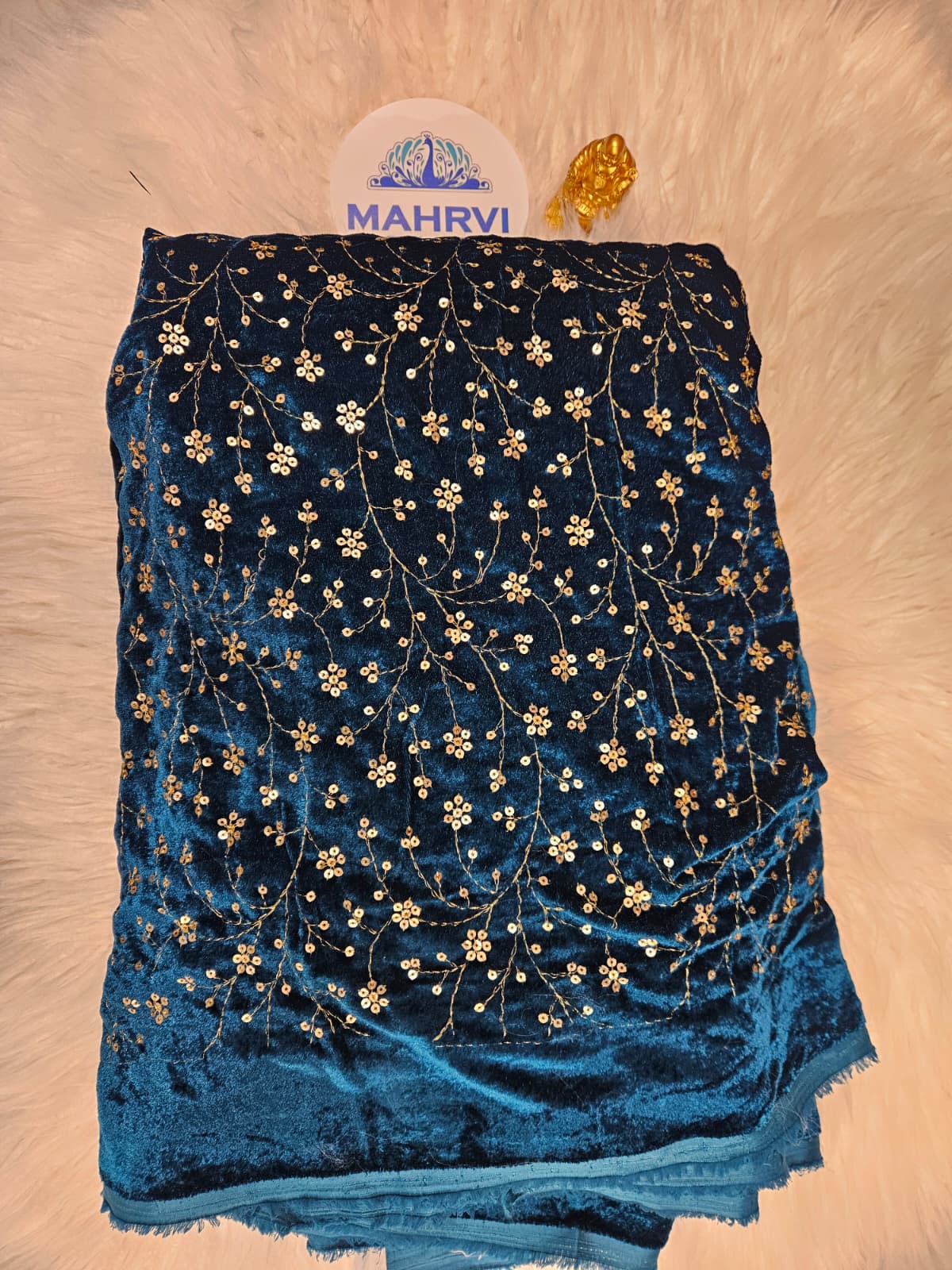Embroidered Velvet Fabric | Sequin Floral Vine Design | Luxury Velvet for Bridal & Festive Wear