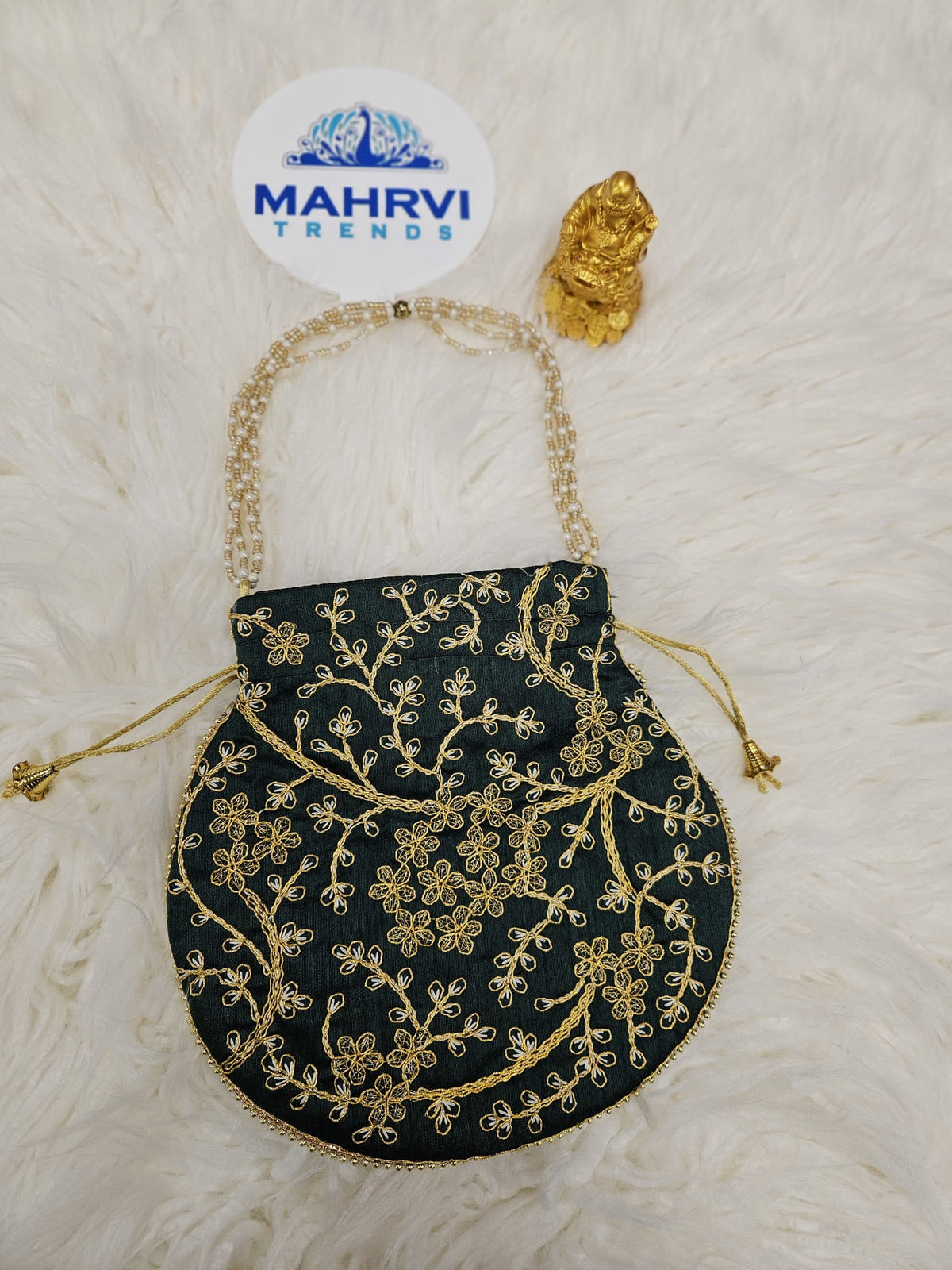 Floral Embroidered Satin Potli Bag with Pearl Handle