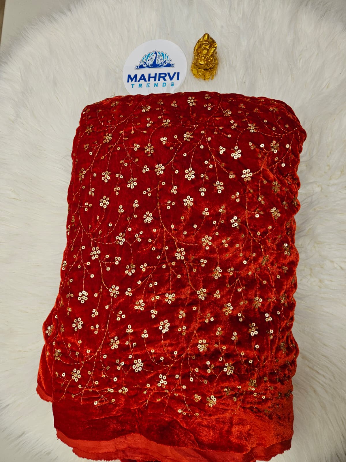 Embroidered Velvet Fabric | Sequin Floral Vine Design | Luxury Velvet for Bridal & Festive Wear