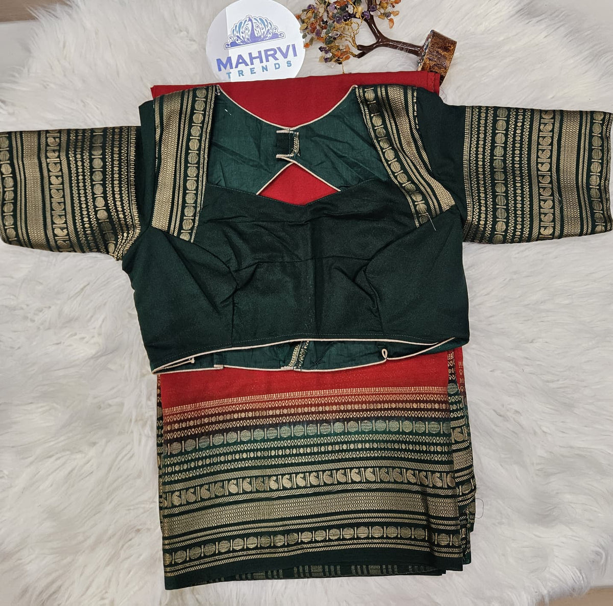 Dark Green Designer Blouse with Red Banarasi Saree – Traditional Silk Saree Set