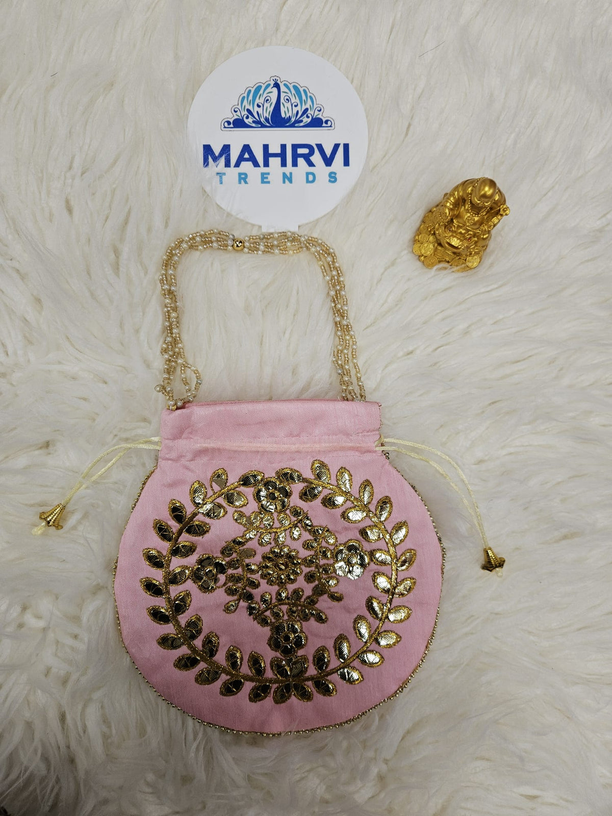 Floral Embroidered Silk Potli Bag with Pearl Handle