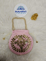 Floral Embroidered Silk Potli Bag with Pearl Handle