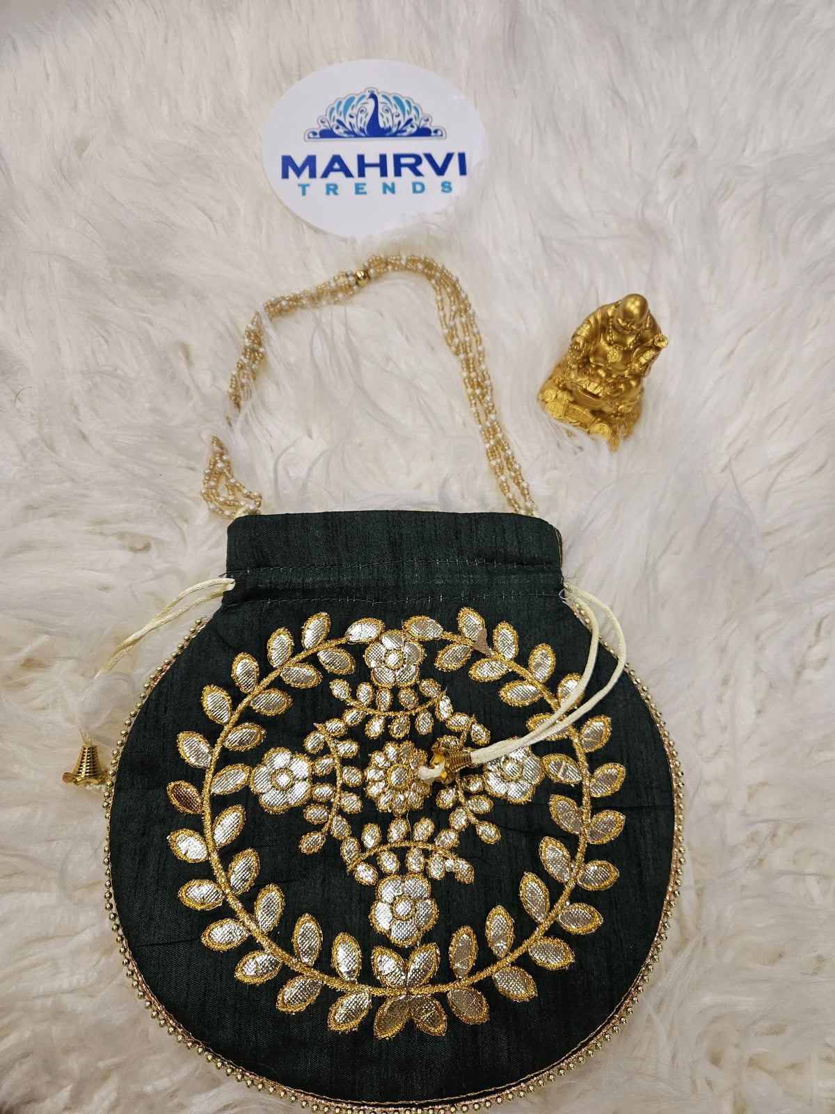 Floral Embroidered Silk Potli Bag with Pearl Handle