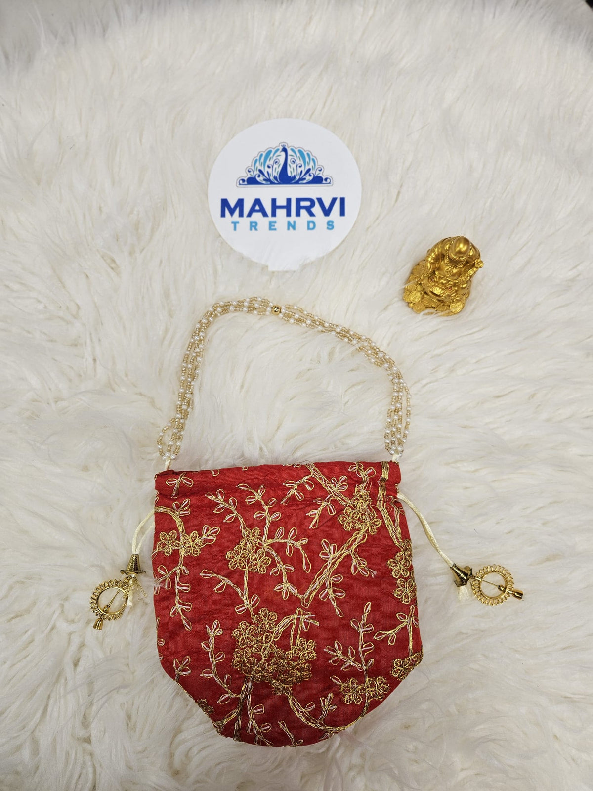 Floral Embroidered Silk Potli Bag with Pearl Handle