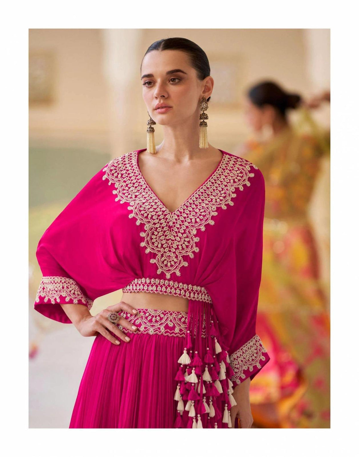 Rani Pink Embroidered Crop Top and Pleated Lehenga Skirt Set