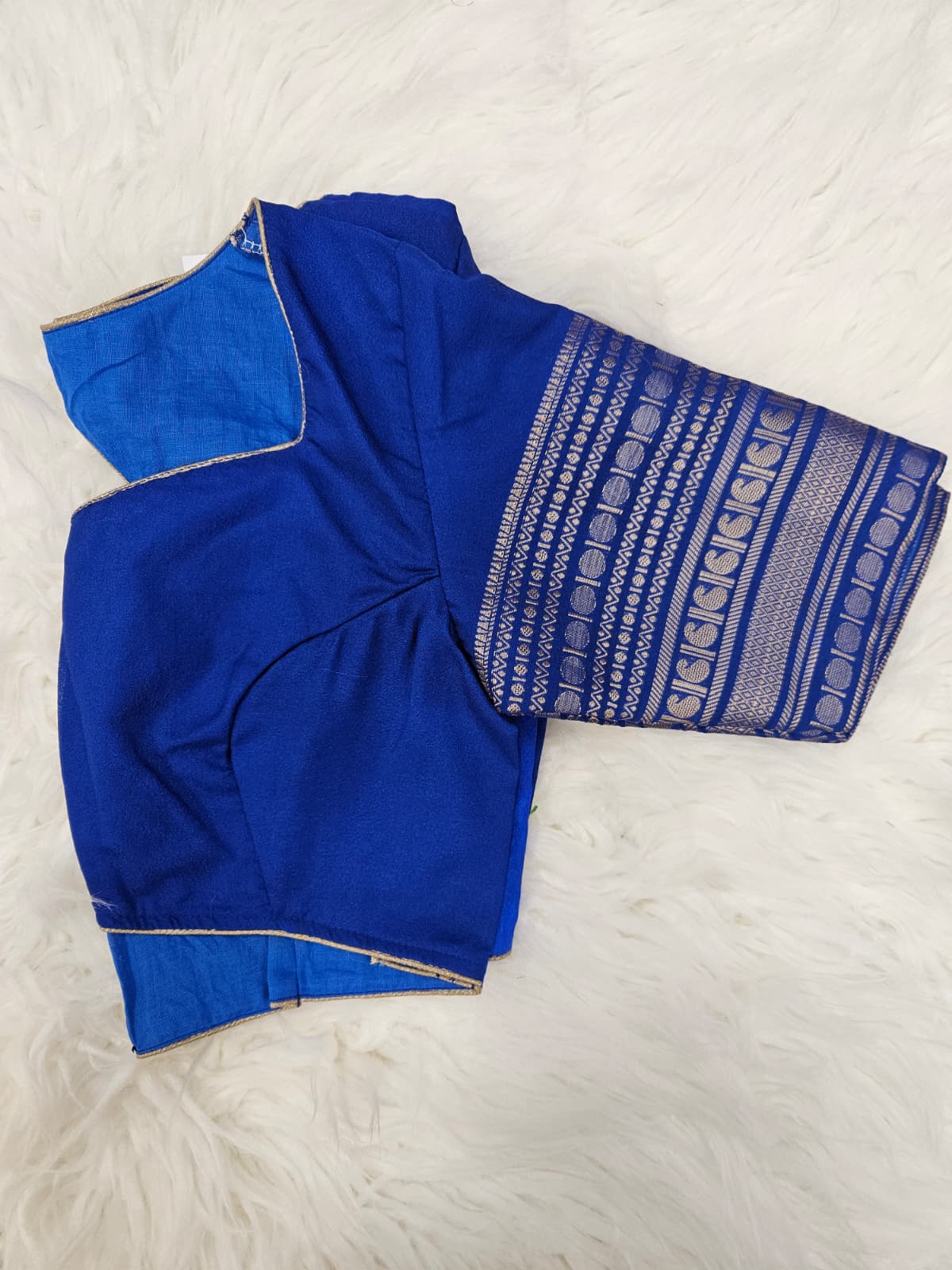Royal Blue Designer Blouse with Green Banarasi Saree – Traditional Silk Saree Set