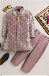Kids’ Multicolor Embroidered Sherwani Set – Dusty Rose & Mustard Yellow