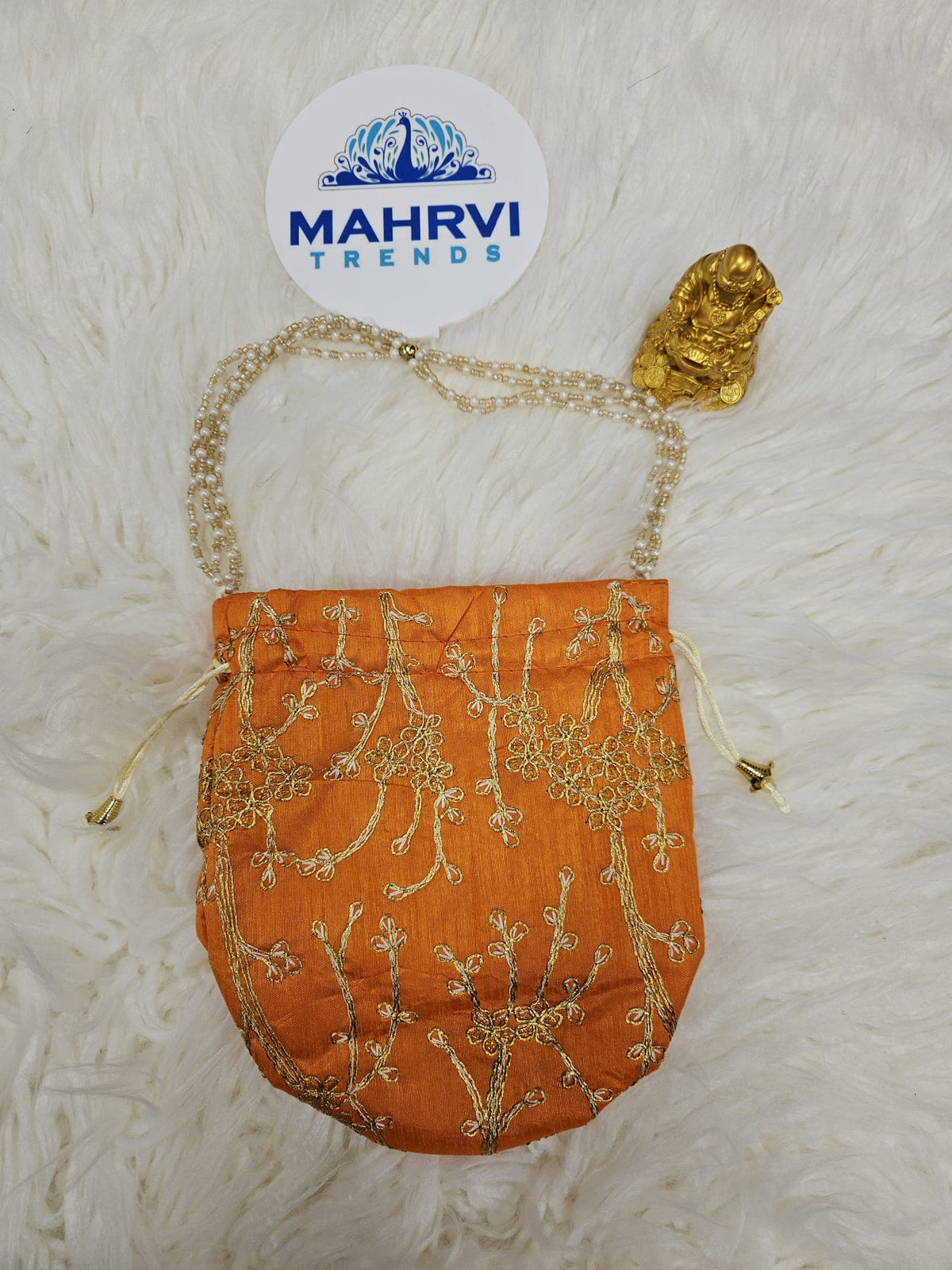 Floral Embroidered Silk Potli Bag with Pearl Handle