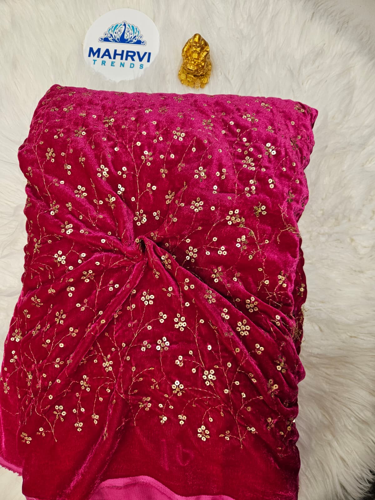 Embroidered Velvet Fabric | Sequin Floral Vine Design | Luxury Velvet for Bridal & Festive Wear