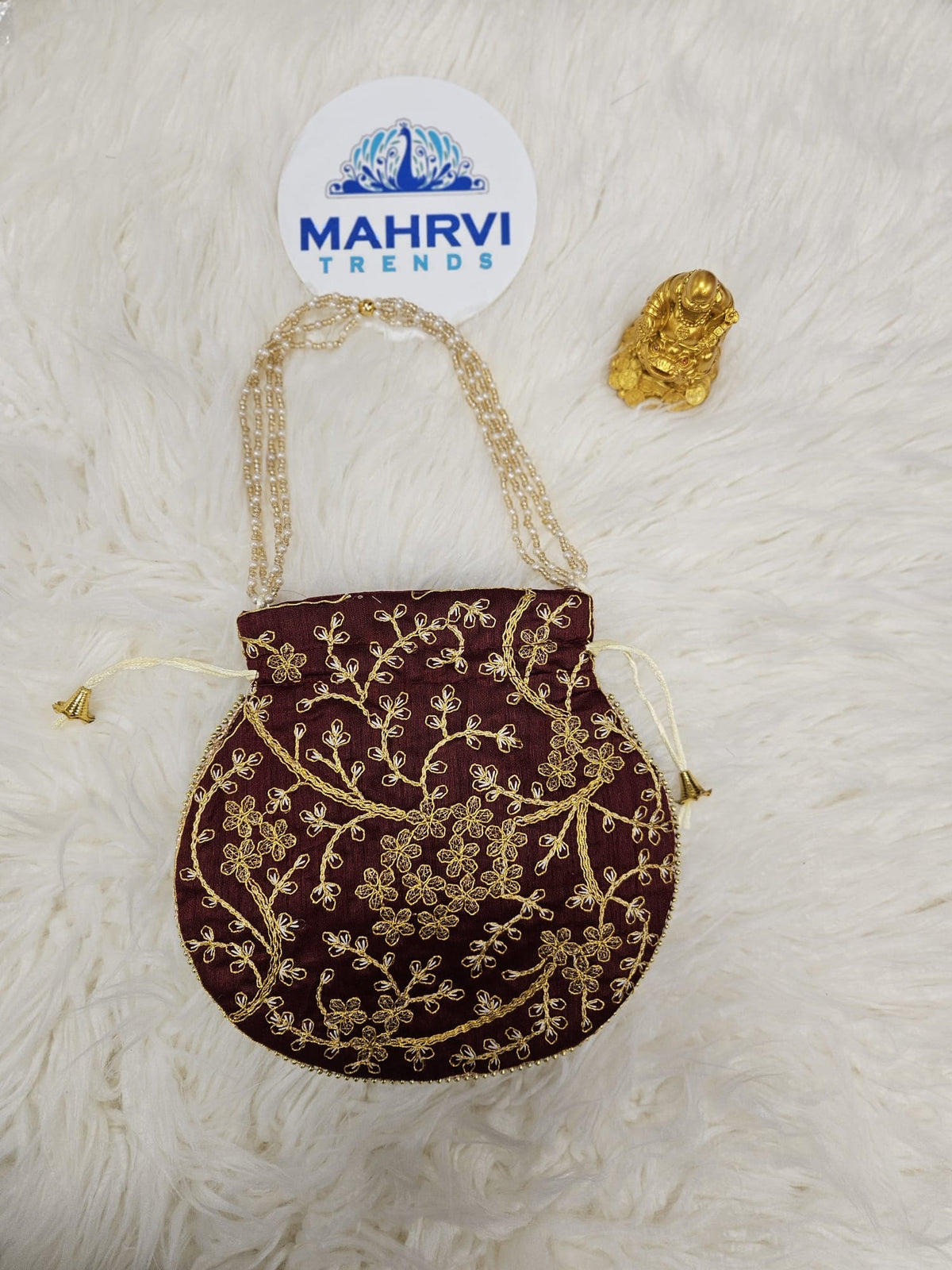 Floral Embroidered Satin Potli Bag with Pearl Handle