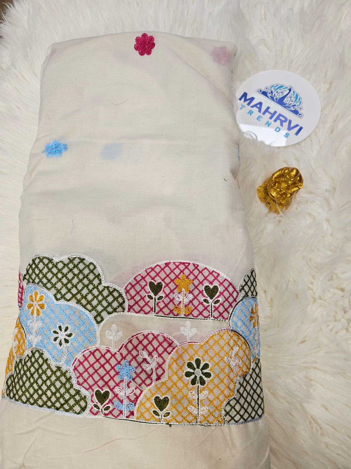 Premium Embroidered Cotton Fabric| Nature-Inspired Border Design | Soft Cotton Fabric for Ethnic & DIY Sewing