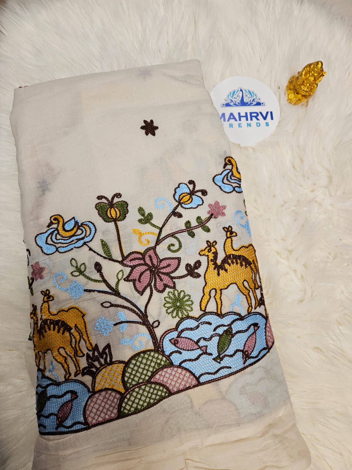 Premium Embroidered Cotton Fabric| Nature-Inspired Border Design | Soft Cotton Fabric for Ethnic & DIY Sewing