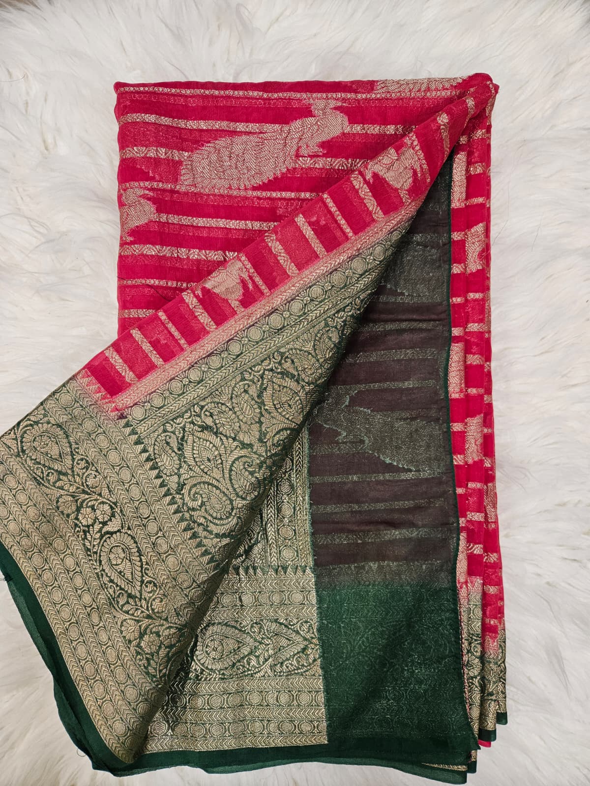 Olive Green Brocade Blouse with Pink Banarasi Saree – Traditional Silk Saree Set
