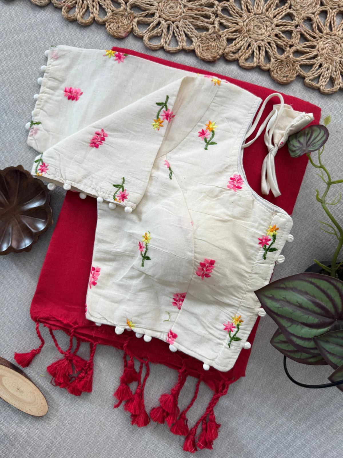 Cotton Saree with Multicolor Floral Embroidered Blouse – Mahrvi Trends