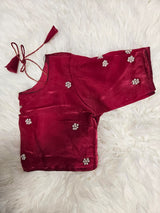 Wine Embroidered Designer Blouse with Blush Organza Saree – Elegant Party Wear Saree Set