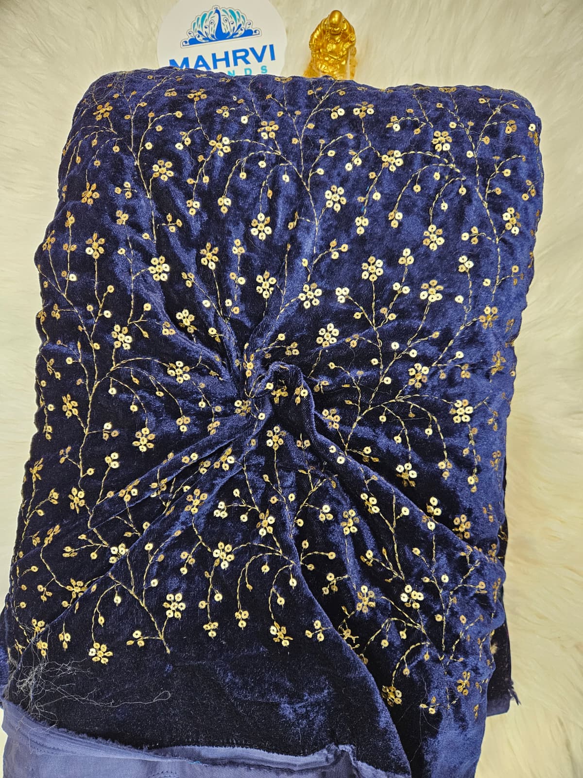 Embroidered Velvet Fabric | Sequin Floral Vine Design | Luxury Velvet for Bridal & Festive Wear