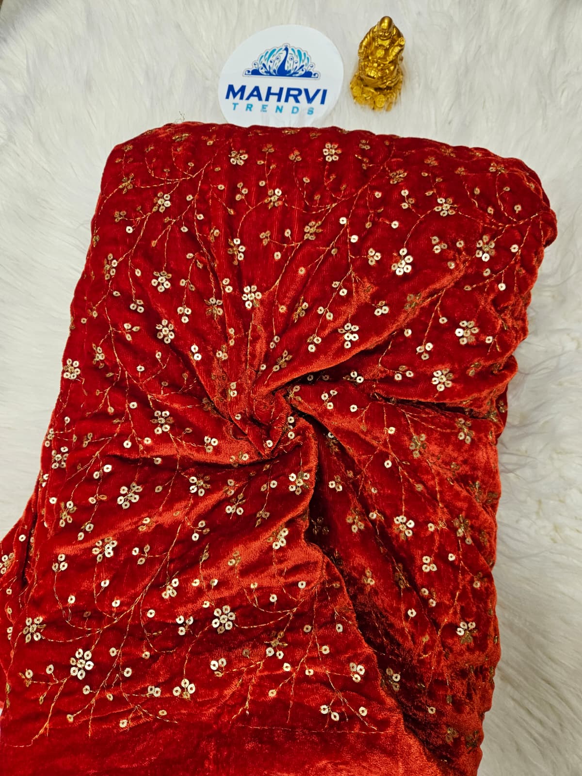 Embroidered Velvet Fabric | Sequin Floral Vine Design | Luxury Velvet for Bridal & Festive Wear