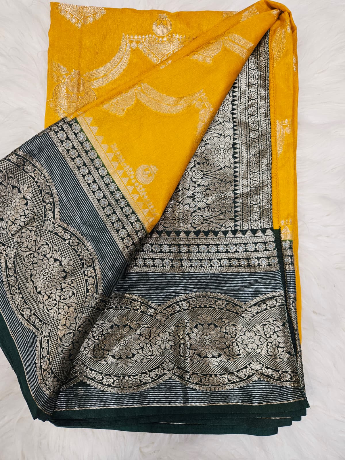 Dark Green & Silver Brocade Designer Blouse with Mustard Yellow Banarasi Saree – Luxury Traditional Saree Set