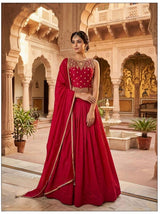 Ruby Red Embroidered Lehenga Set with Gold Detailing and Dupatta