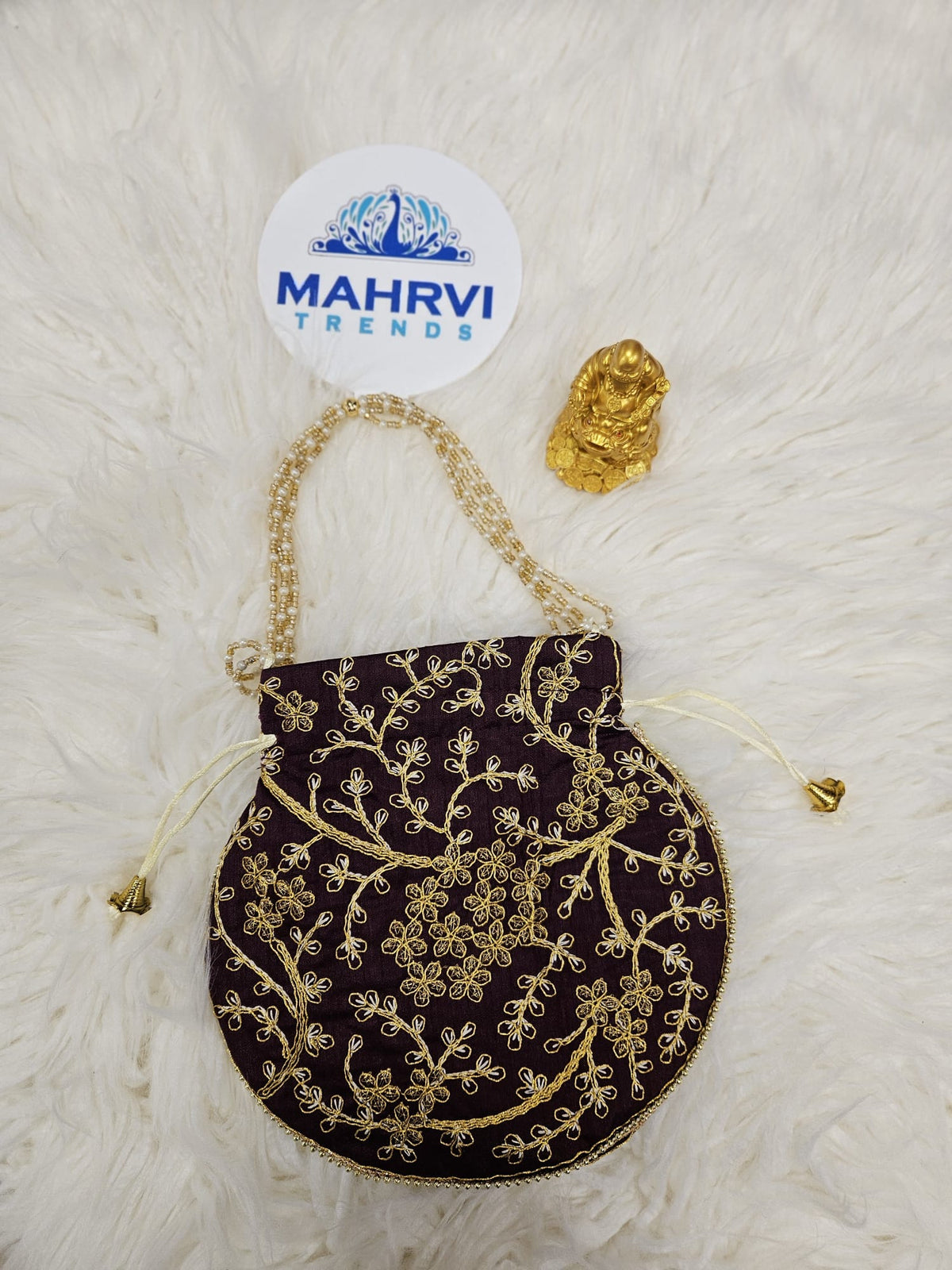 Floral Embroidered Satin Potli Bag with Pearl Handle