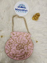 Floral Embroidered Satin Potli Bag with Pearl Handle