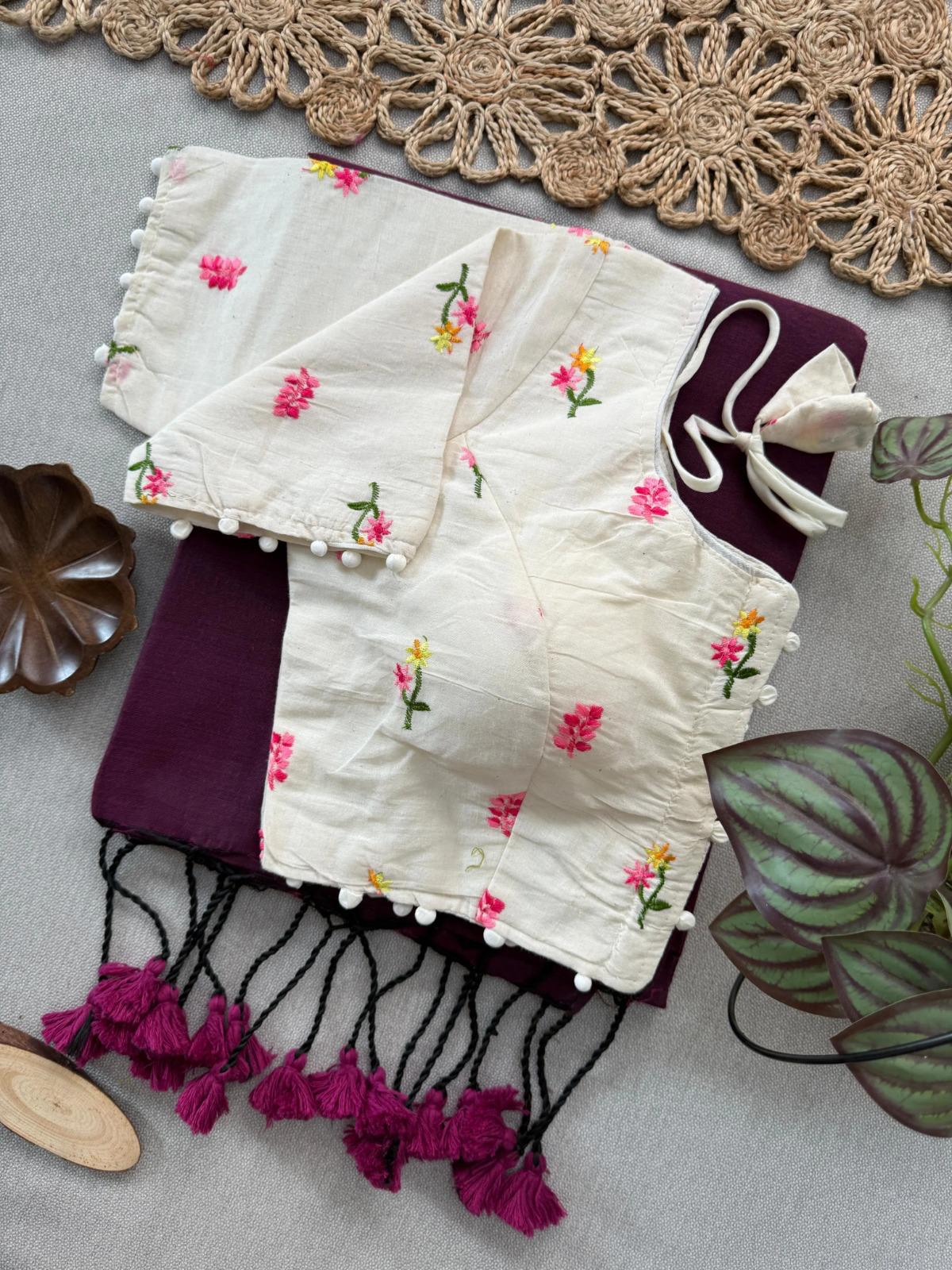 Cotton Saree with Multicolor Floral Embroidered Blouse – Mahrvi Trends
