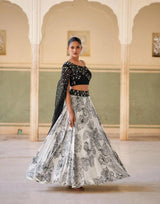 Black and Ivory Floral Printed Lehenga Set with Embroidered Crop Top and Dupatta