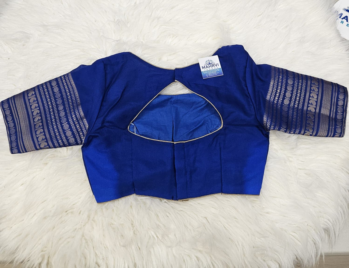 Royal Blue Designer Blouse with Green Banarasi Saree – Traditional Silk Saree Set
