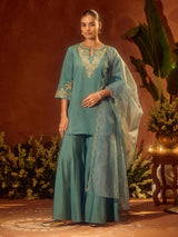 Teal Embroidered Sharara Set