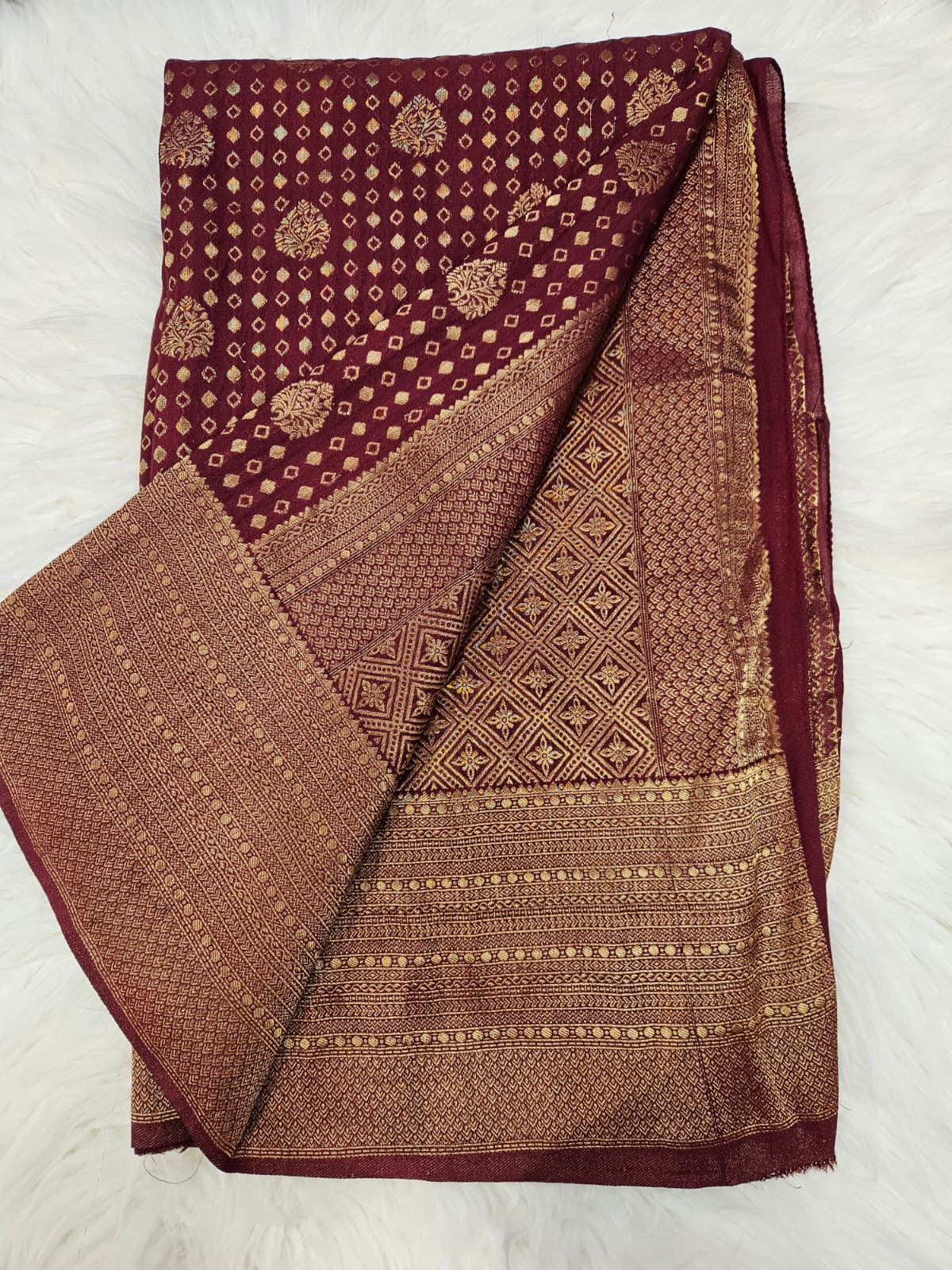 Wine Brocade Ruffle Sleeve Blouse with Banarasi Saree – Designer Traditional Saree Set