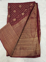 Wine Brocade Ruffle Sleeve Blouse with Banarasi Saree – Designer Traditional Saree Set