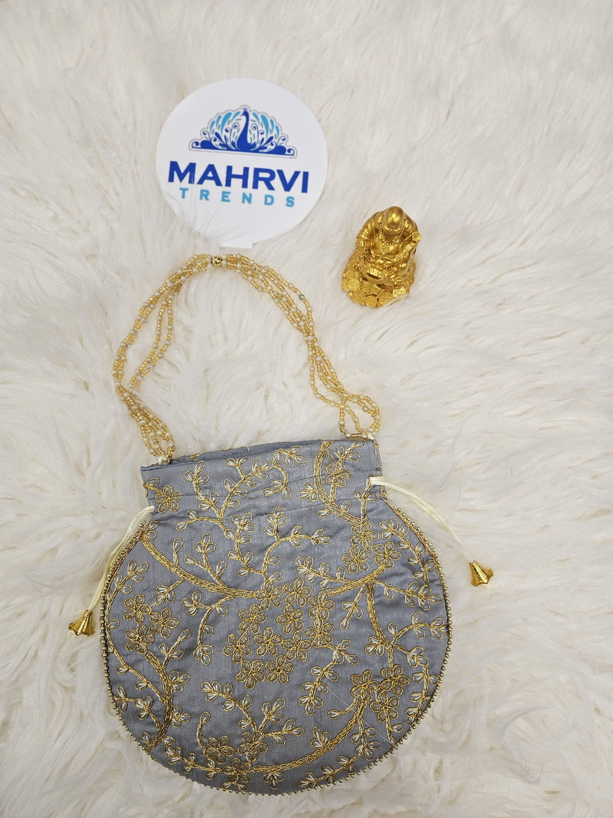 Floral Embroidered Satin Potli Bag with Pearl Handle