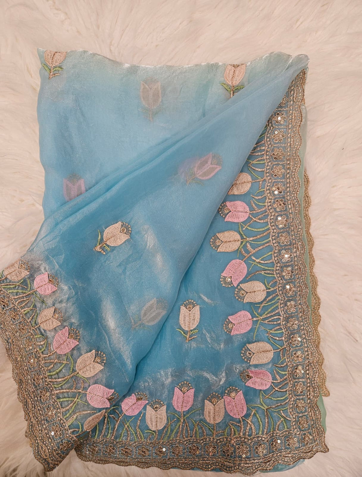 Sky Blue Embroidered Designer Blouse with Floral Organza Saree – Elegant Party Wear Saree Set
