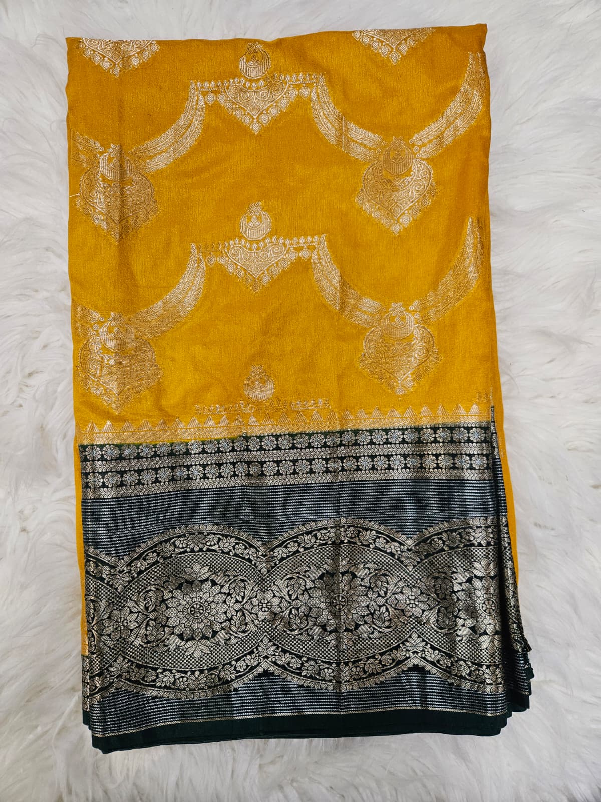 Dark Green & Silver Brocade Designer Blouse with Mustard Yellow Banarasi Saree – Luxury Traditional Saree Set