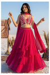 Fuchsia Pink Layered Lehenga Set with Embroidered Crop Top and Dupatta