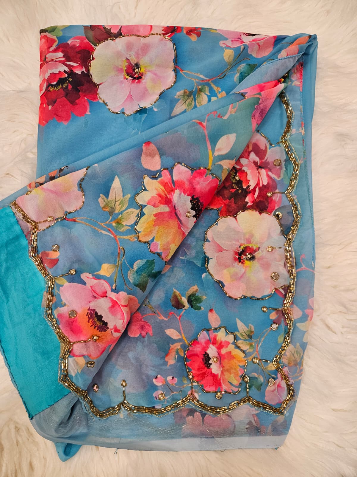 Sky Blue Floral Printed Soft Saree with Designer Blouse – Elegant Party Wear Saree Set