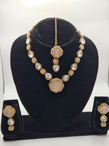 Peach Kundan Necklace Set with Earrings & Maang Tikka
