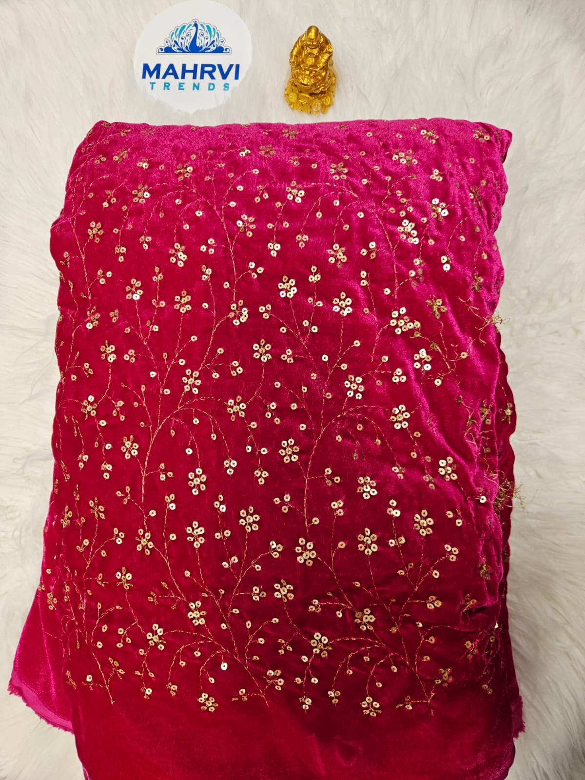 Embroidered Velvet Fabric | Sequin Floral Vine Design | Luxury Velvet for Bridal & Festive Wear