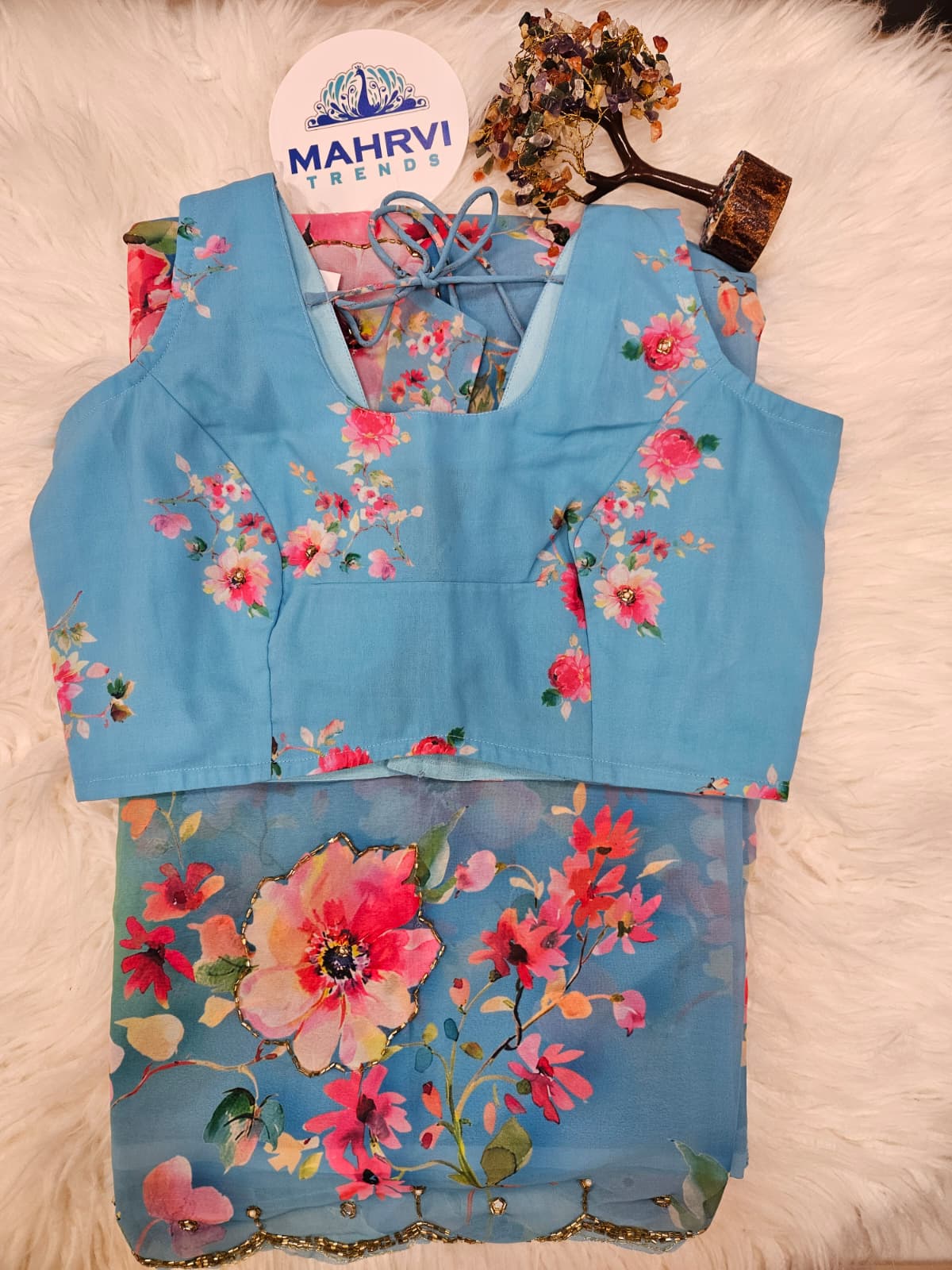 Sky Blue Floral Printed Soft Saree with Designer Blouse – Elegant Party Wear Saree Set