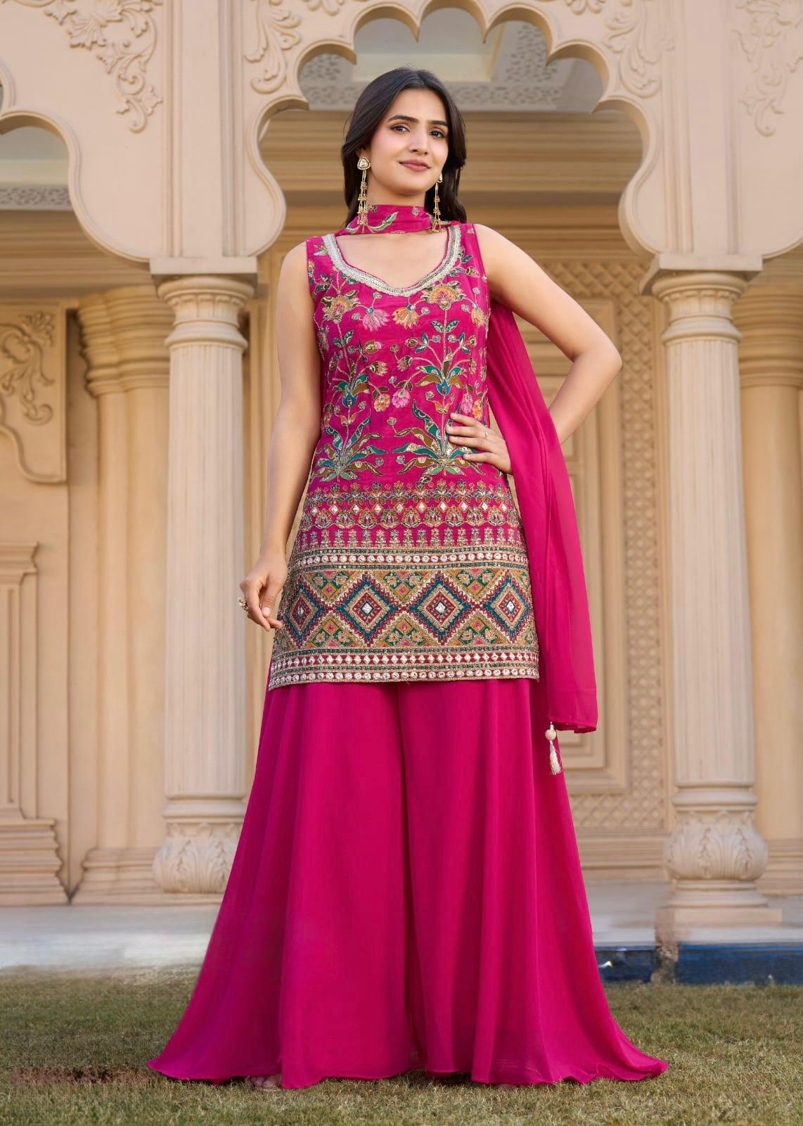 Rani Pink Embroidered Palazzo Suit Set with Dupatta