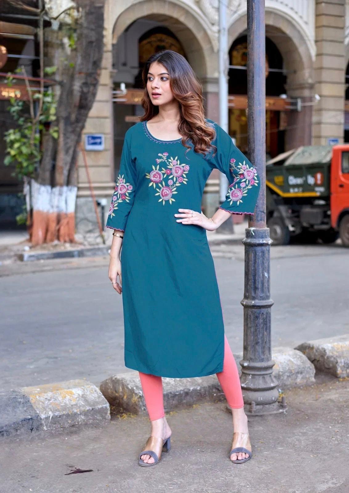 Women’s Embroidered Straight Kurti – Multiple Colors