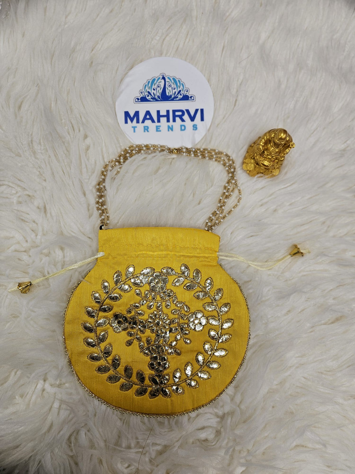 Floral Embroidered Silk Potli Bag with Pearl Handle