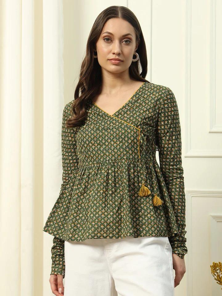 Olive Green Printed Flared Kurti