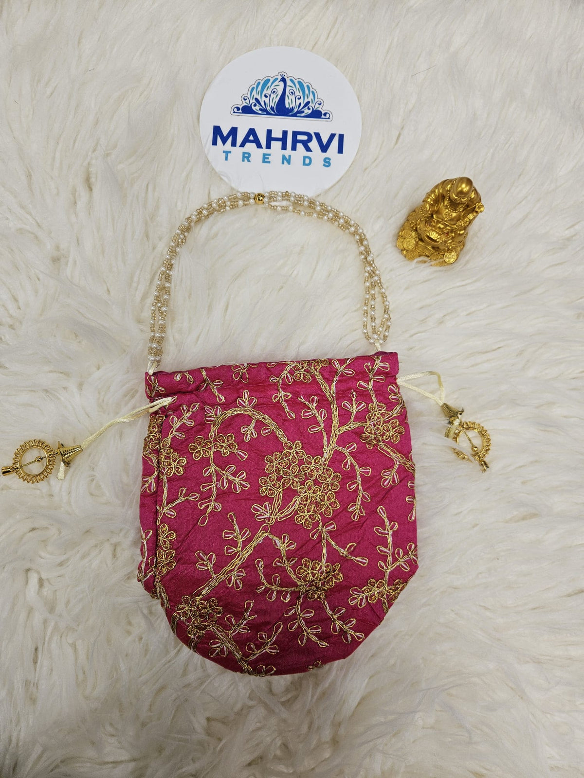 Floral Embroidered Silk Potli Bag with Pearl Handle