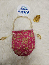 Floral Embroidered Silk Potli Bag with Pearl Handle