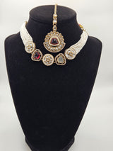 Maroon Kundan Necklace Set with Maang Tikka