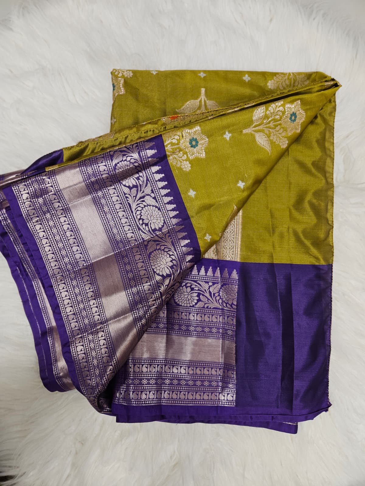 Gold Brocade Blouse with Olive Green & Purple Banarasi Saree – Elegant Traditional Indian Saree Set