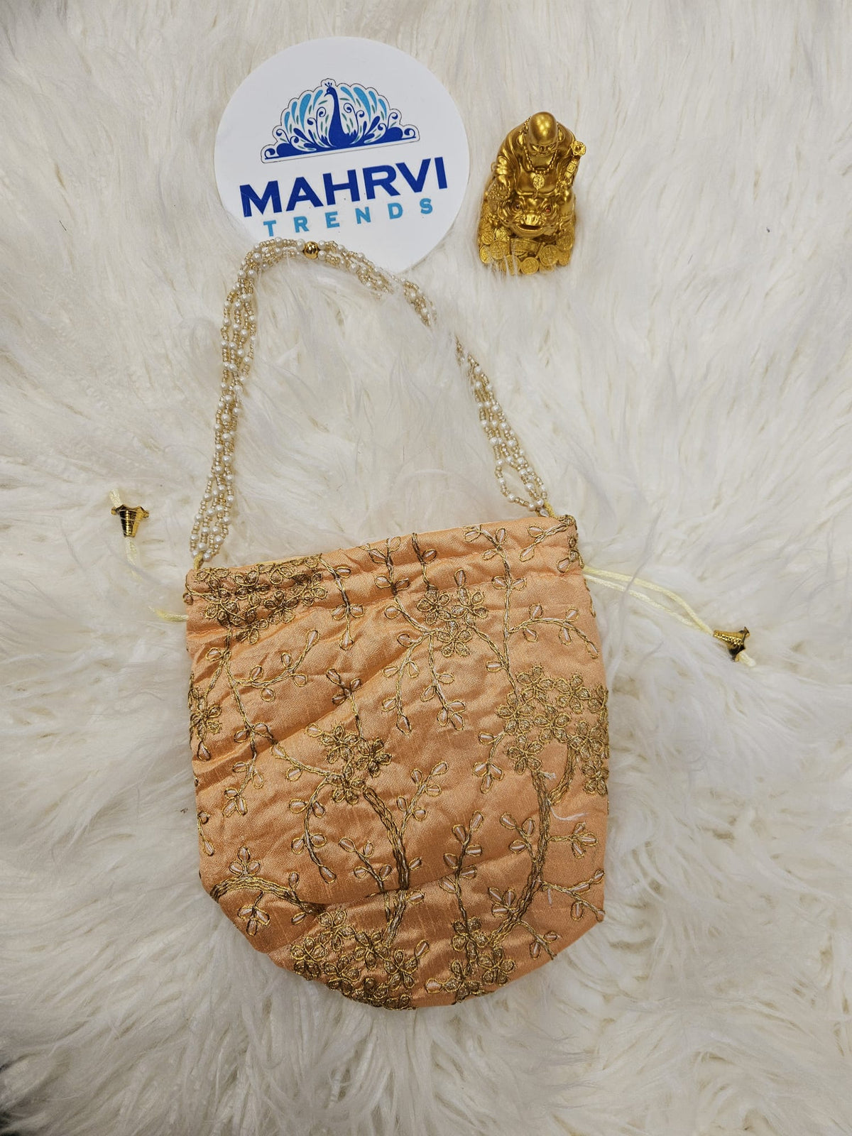 Floral Embroidered Silk Potli Bag with Pearl Handle